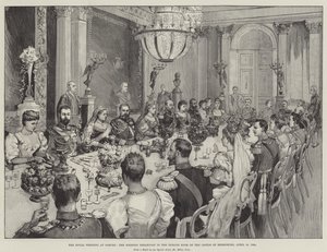 Kuninkaalliset häät Coburgissa, hääaamiainen Ehrenburgin linnan valtaistuinsalissa, 19. huhtikuuta 1894.